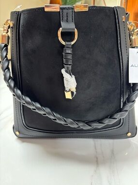 ALDO Black Suede Bucket Shoulder Bag with Braided Handle